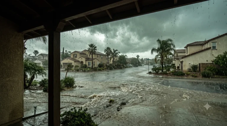Torrential atmospheric river rain over a California neighborhood