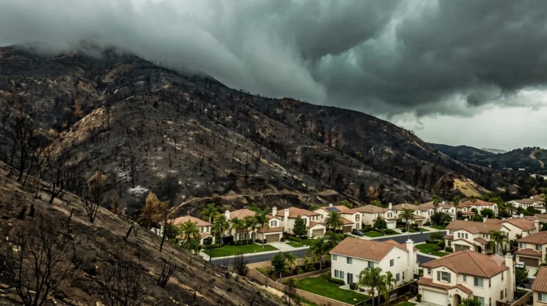Charred burned hillside above intact California homes under storm clouds