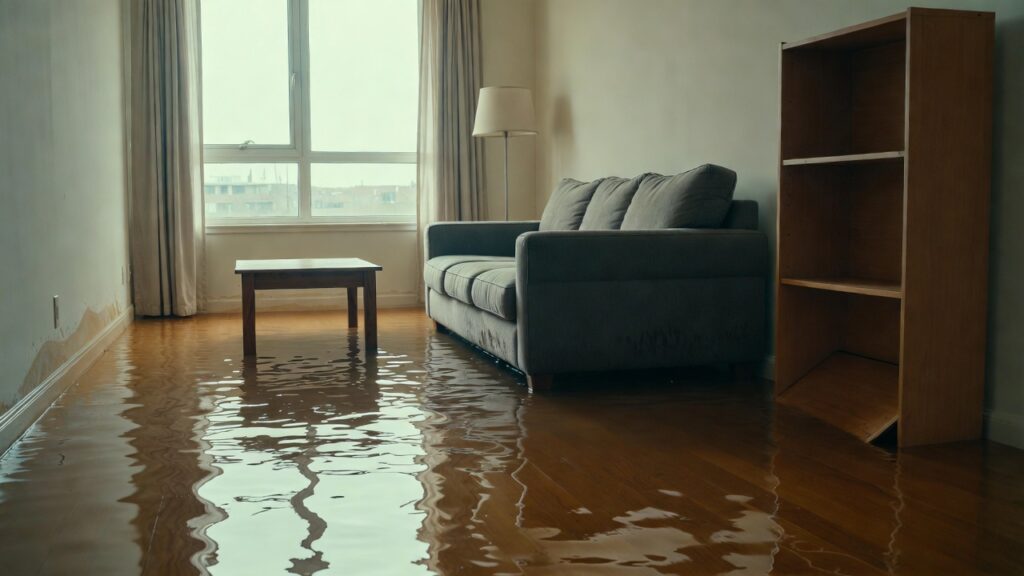 Floodwater covering the hardwood floor of a condominium living room, with a soaked sofa and water-stained wall