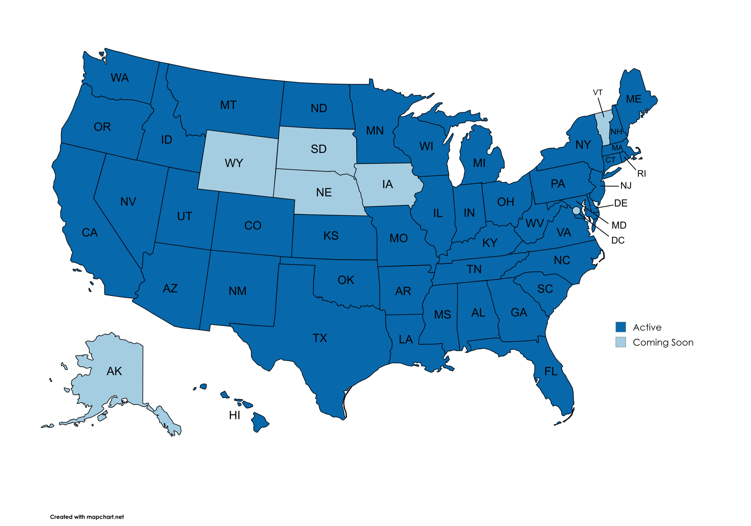 Map of the United States showing the states where coverage is placed.