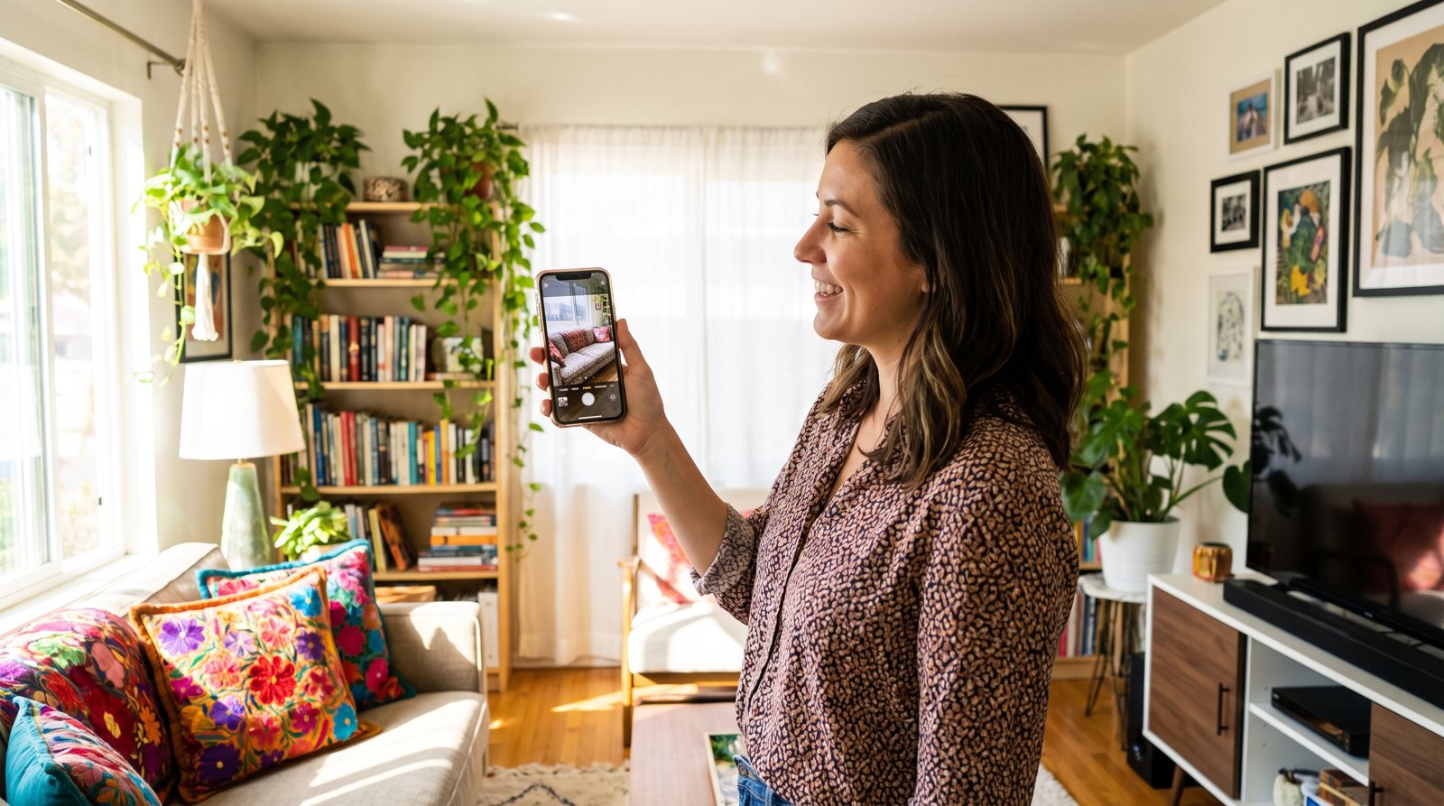 A homeowner photographing her living room with a smartphone to create a home inventory