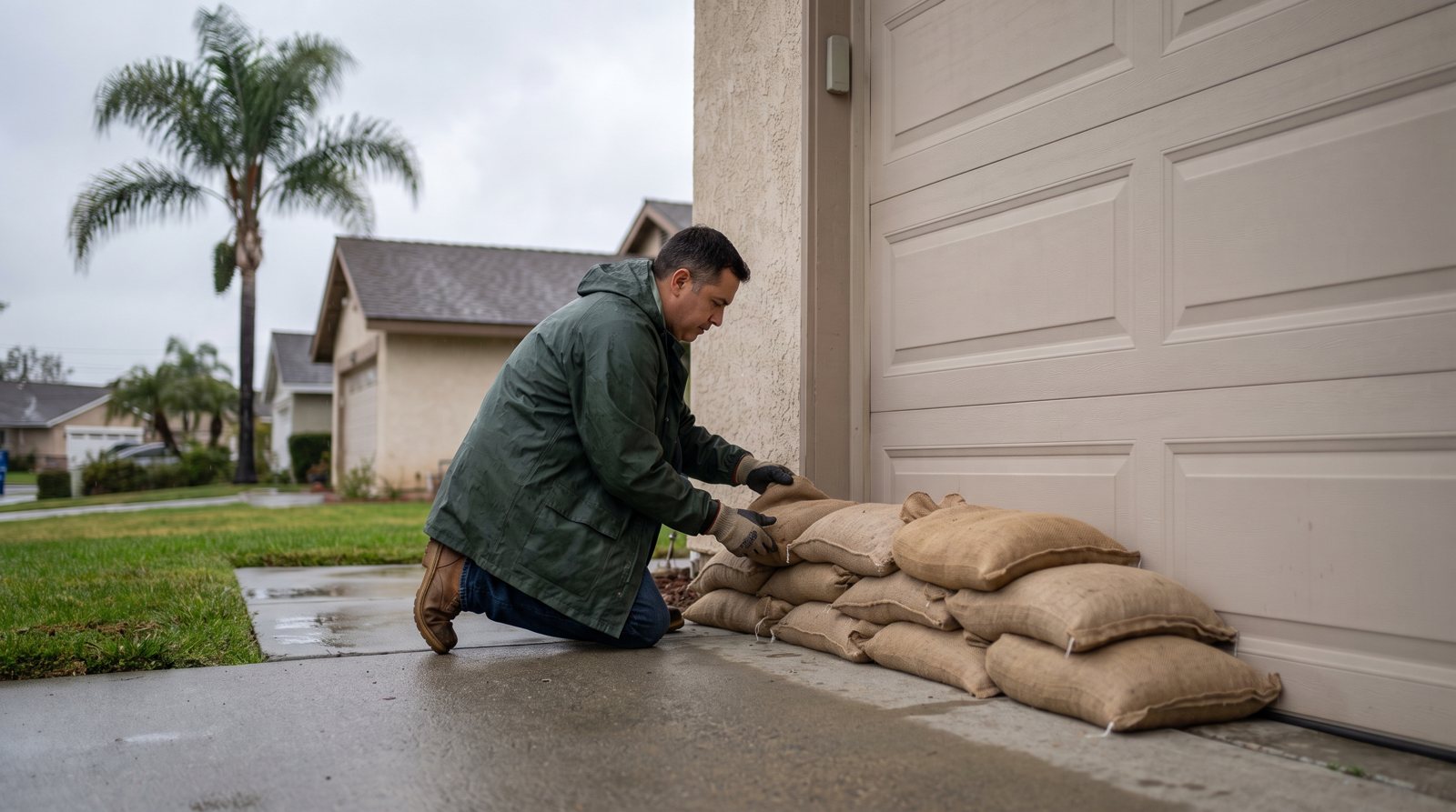 A homeowner in a rain jacket stacking sandbags across a garage door on a Southern California street